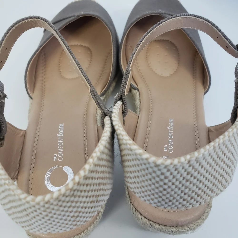 Tru Comfort Espadrille - Gray w/ Raffia Wedge - Canvas Textile Wide Width 8